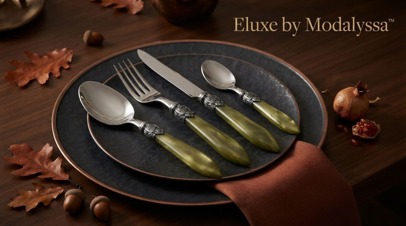 couverts-luxe-vert-olive-eluxe-modalyssa Couverts de luxe Eluxe par Modalyssa effet nacre vert olive présentés sur une table élégante aux tons d'automne