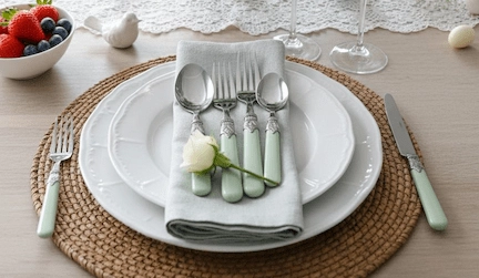 Posate color Verde Salvia design moderno - Modalyssa Store Set di posate moderne color verde salvia poggiate su una tavola apparecchiata